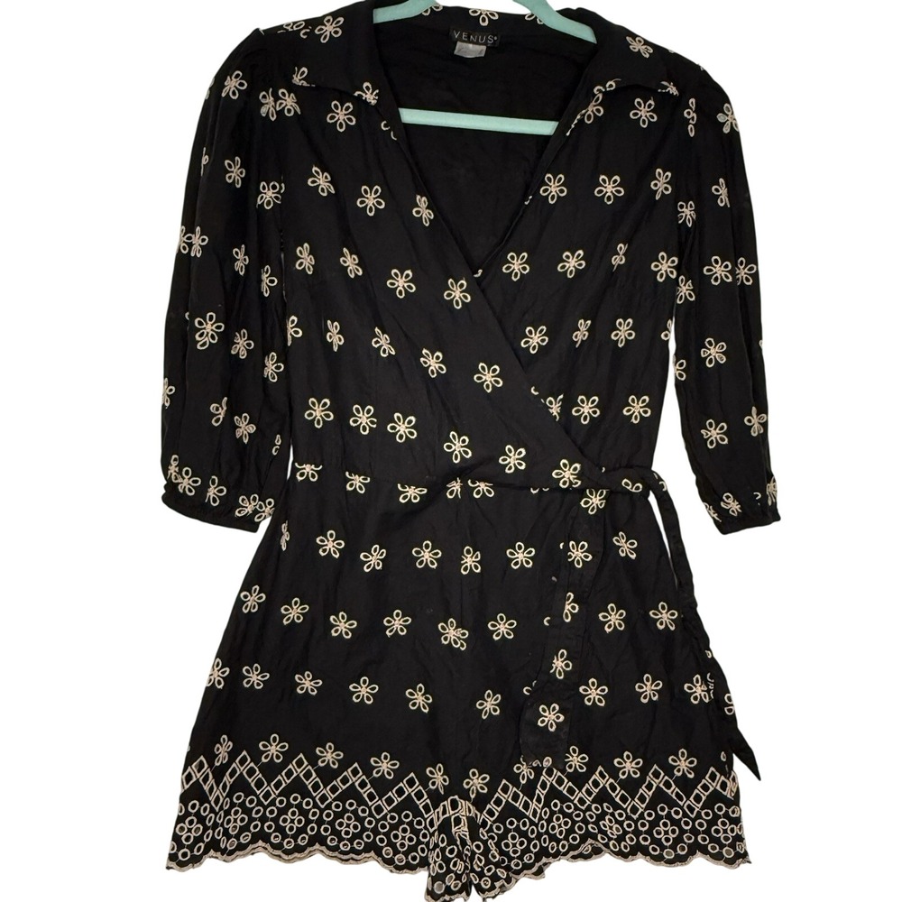 Venus Black White Floral Embroidered Romper Beach Travel Holiday MEDIUM/6